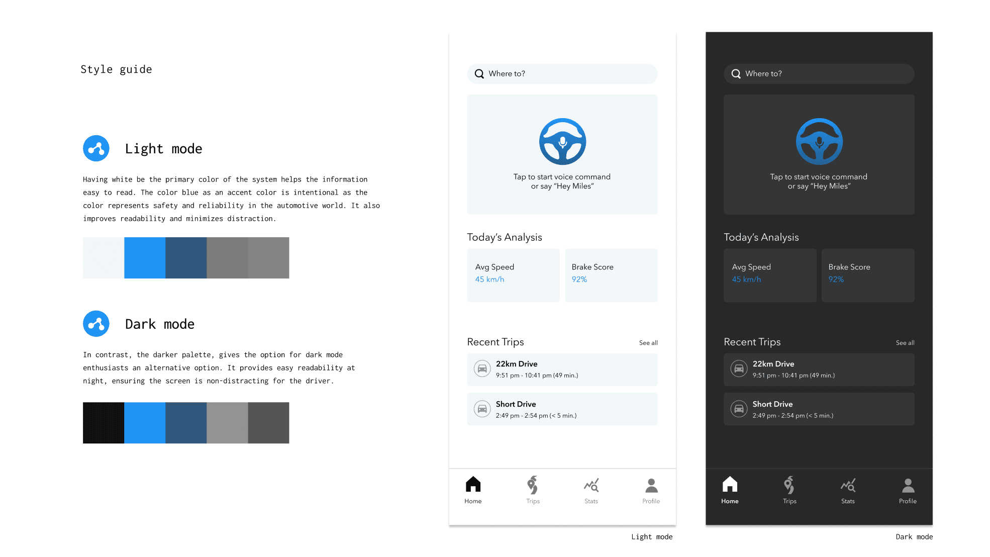 Copilot light and dark mode colour palettes and screens